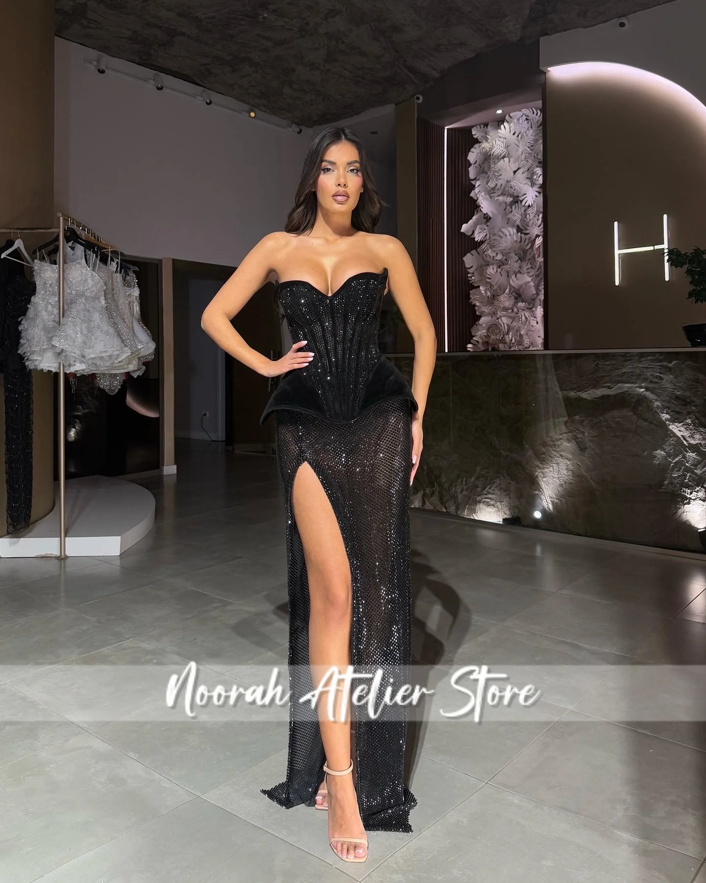 Модное кристально-черное шикарное женское вечернее платье без бретелек с русалкой, 2021, женское вечернее платье с высоким разрезом в Дубае, платье для выпускного вечера по индивидуальному заказу