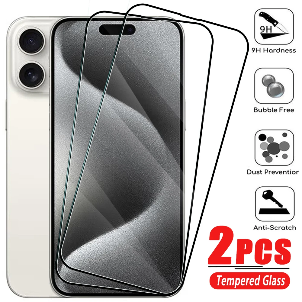 2Pcs Full Cover Tempered Glass For iPhone 11 12 13 14 15 Pro Max Screen Protector For iPhone X XR XS Max 7 8 6 Plus Glass Film