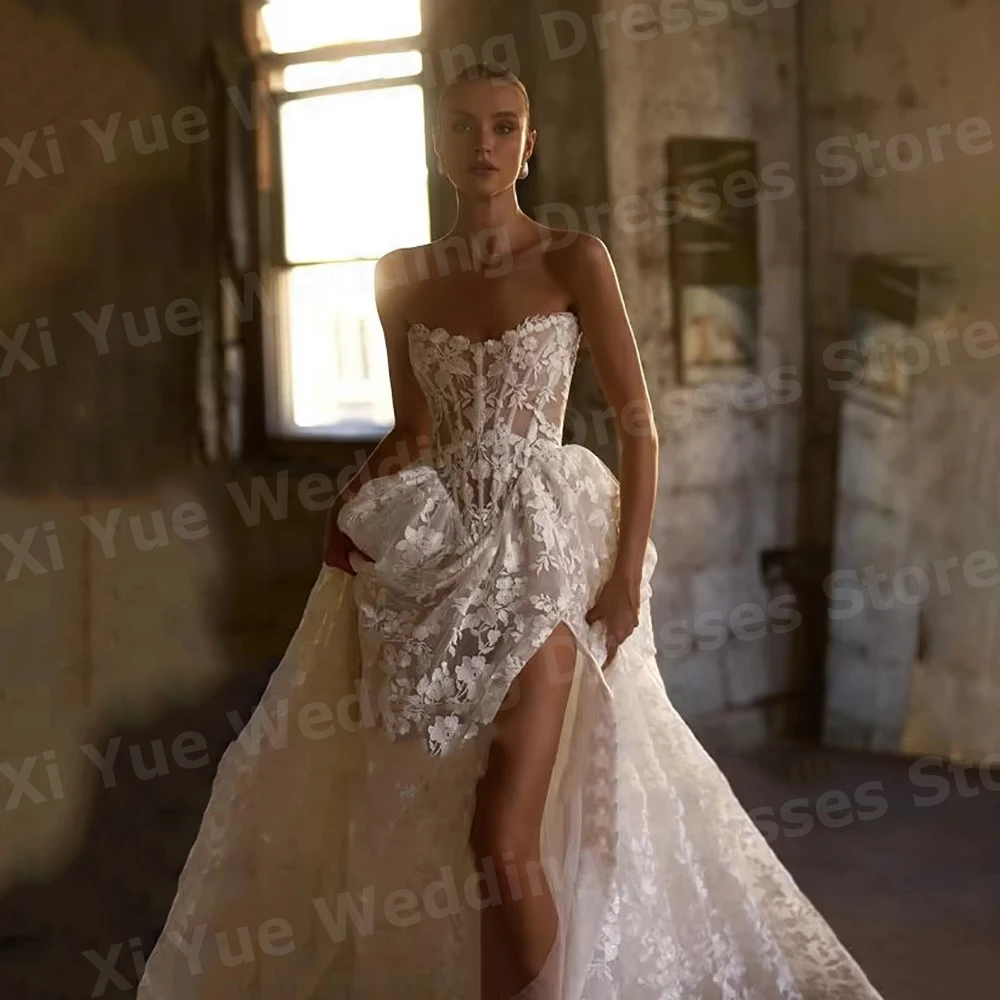 Robes De Mariée en dentelle pour femmes, ligne A exquise, avec des Appliques, sans manches, fente personnalisée