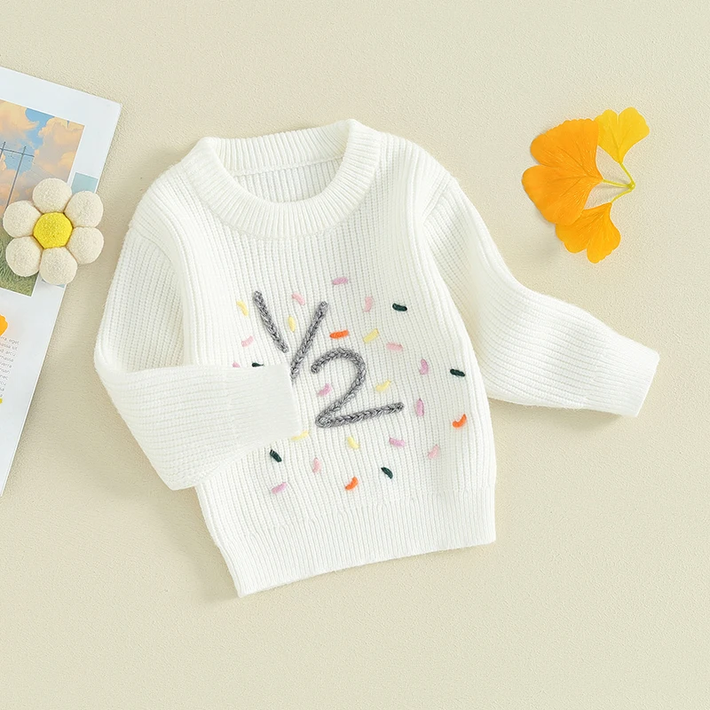 

Suefunskry Baby Boys Girls Sweater 1/2 Birthday Tops Number Embroidery Crew Neck Long Sleeve Pullover Infant Casual Jumpers