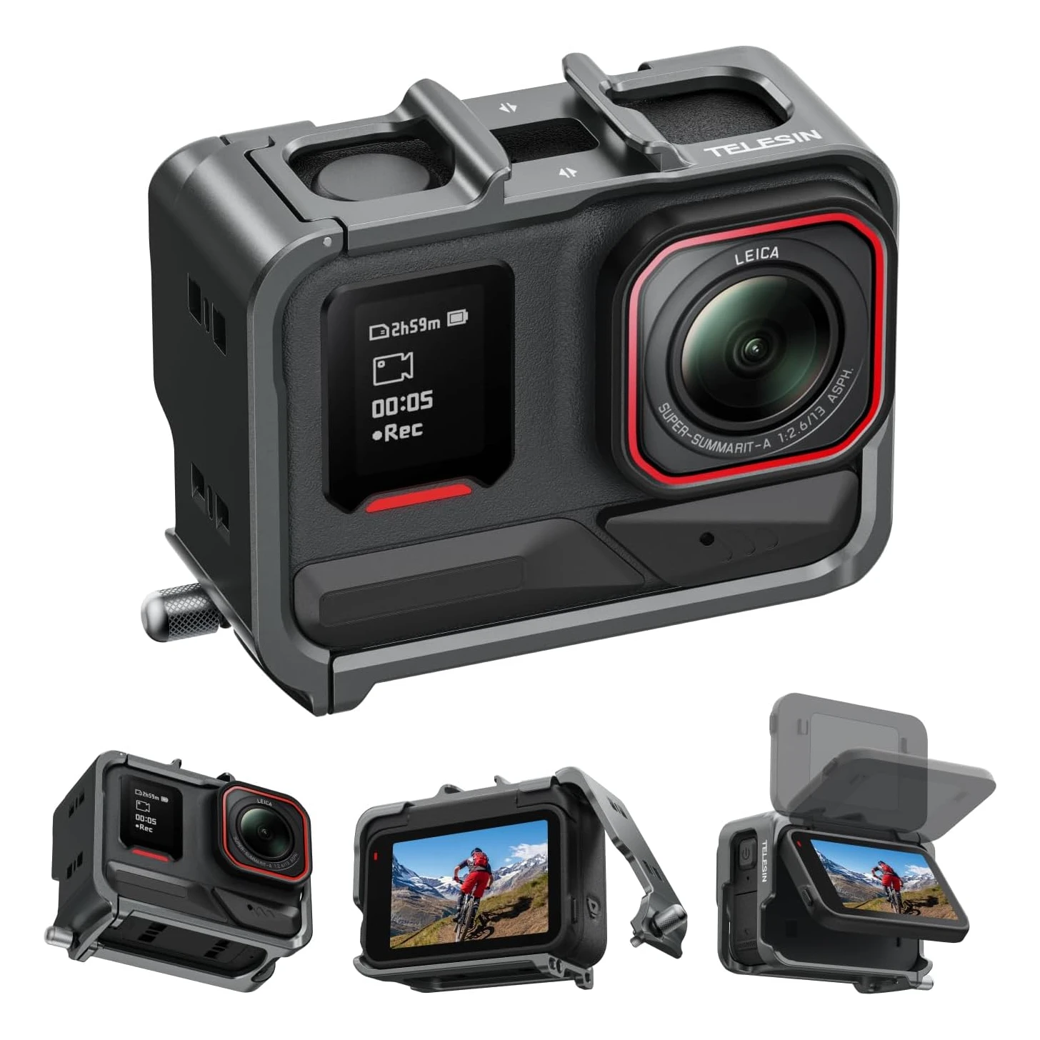 telesin-アルミニウム合金フレーム保護ケース-insta360-ace-pro-2用、クイックリリースメタルケージハウジング（ネジとコールドシューホルダー付き）