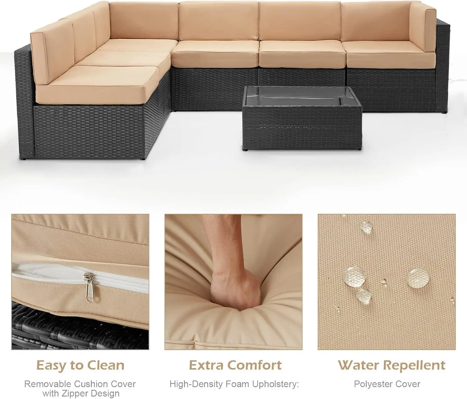 7-Piece Outdoor Patio Set, PE Rattan Wicker Sectional Sofa with Cushions & Tea Table, Black & Beige, All-Weather