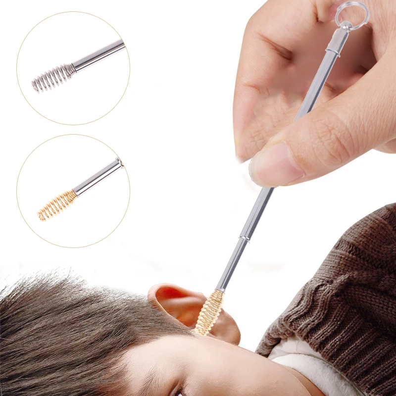 1PCPortable Spring Scalable Brass EarSpoon Ear Wax Remover Curette Mini Ear Cleanning Tool Keychain Pendant Reusable Ear Cleaner