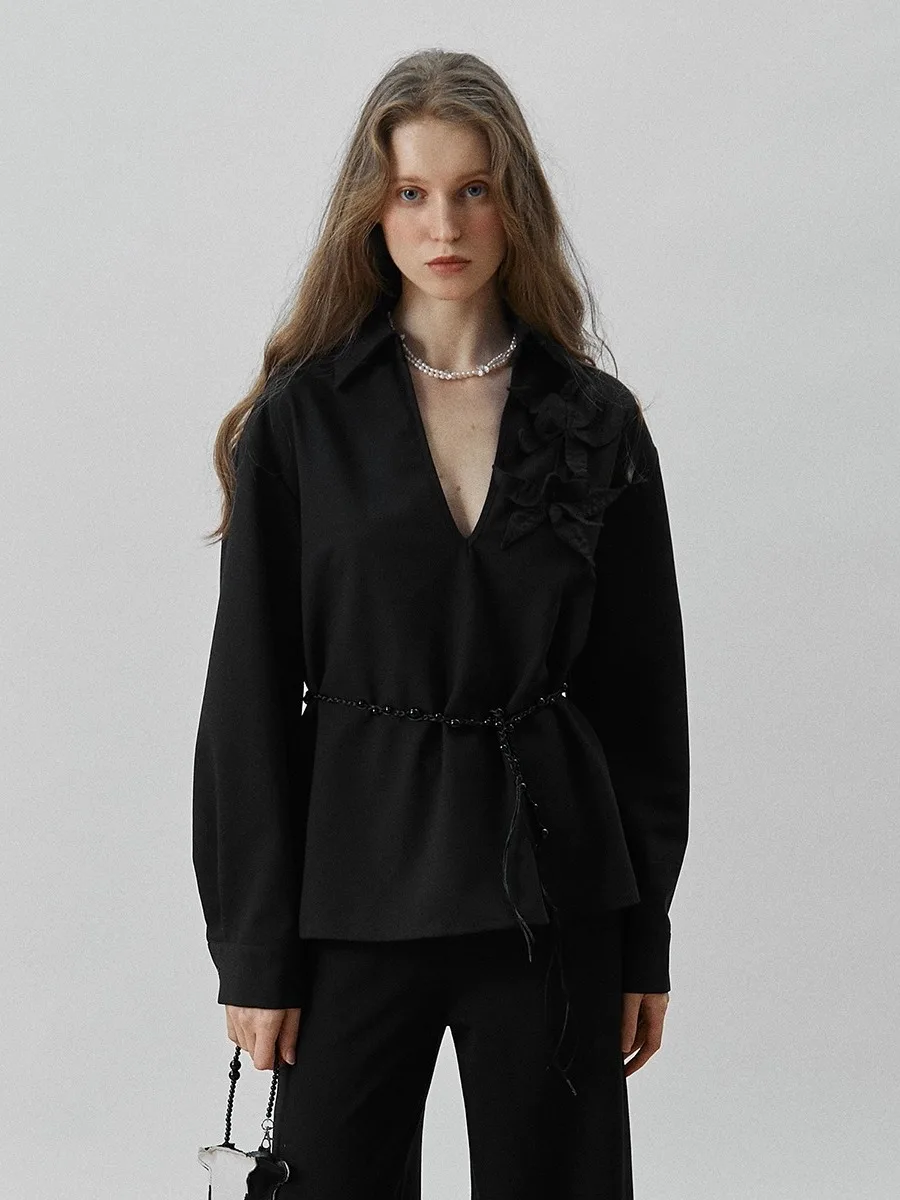 

Xunruo Brand Women's Long Sve V-Ne Handmade Floral irt Ele Sle Straight Cut Autumn Winter New Bla irt