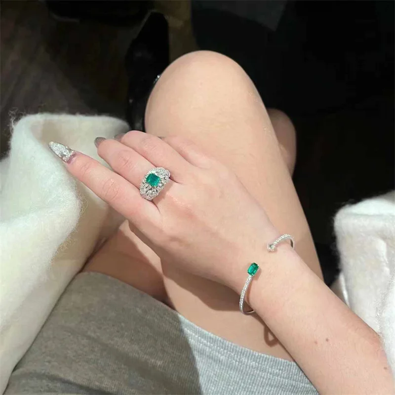 925 sterling silver European and American retro emerald ring bracelet, women's light luxury high-end temperament two-piece set