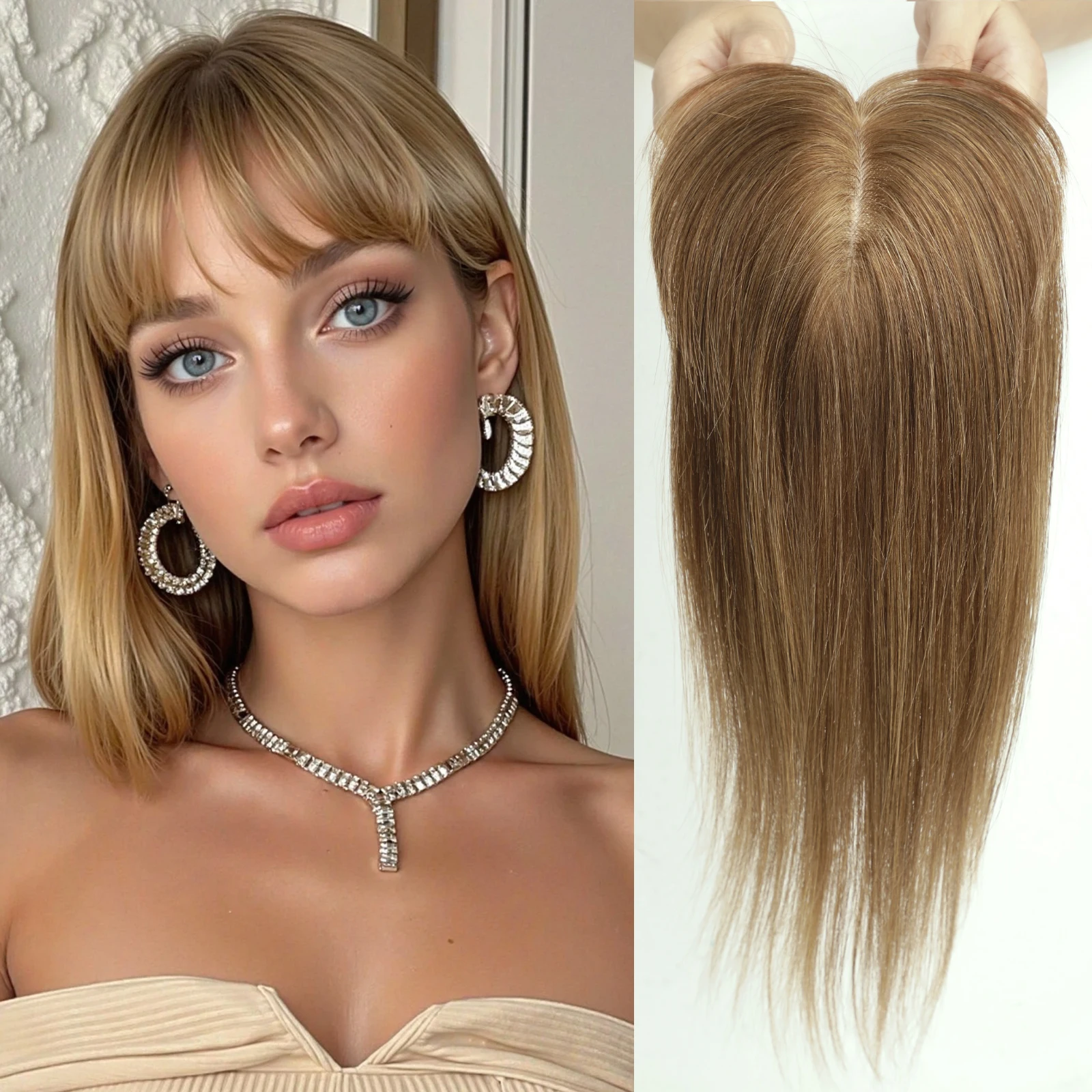 100% Real Human Hair Toppers with Bangs Silk Base 3Clip Pieces Brown Blonde Straight Human Topper Hairs for Women Hair Extension