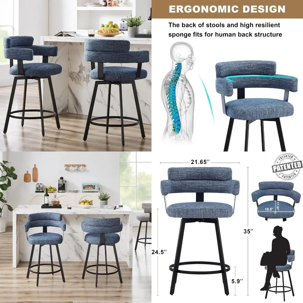 

Set of 2 Swivel Bar Stools with Linen Padded Backrest and Metal Footrest for Modern Counter Height