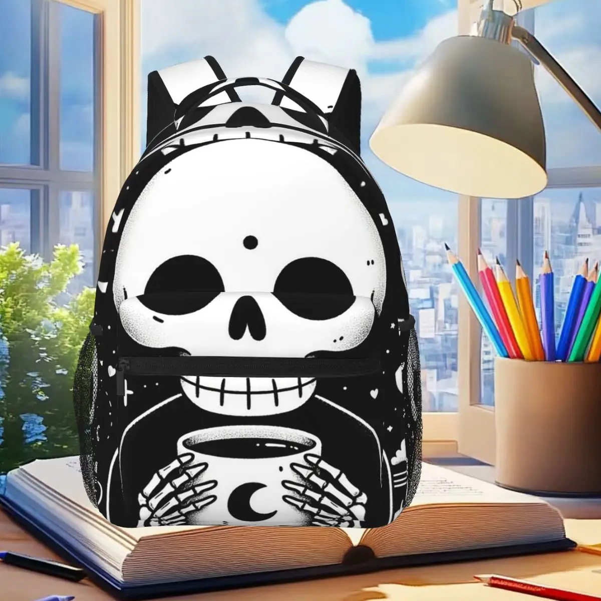 

Skull Coffee Moon Stars Floral Backpack Student Boys Girls BookBag Kids School Bag Computer Shoulder Bags for Men Women