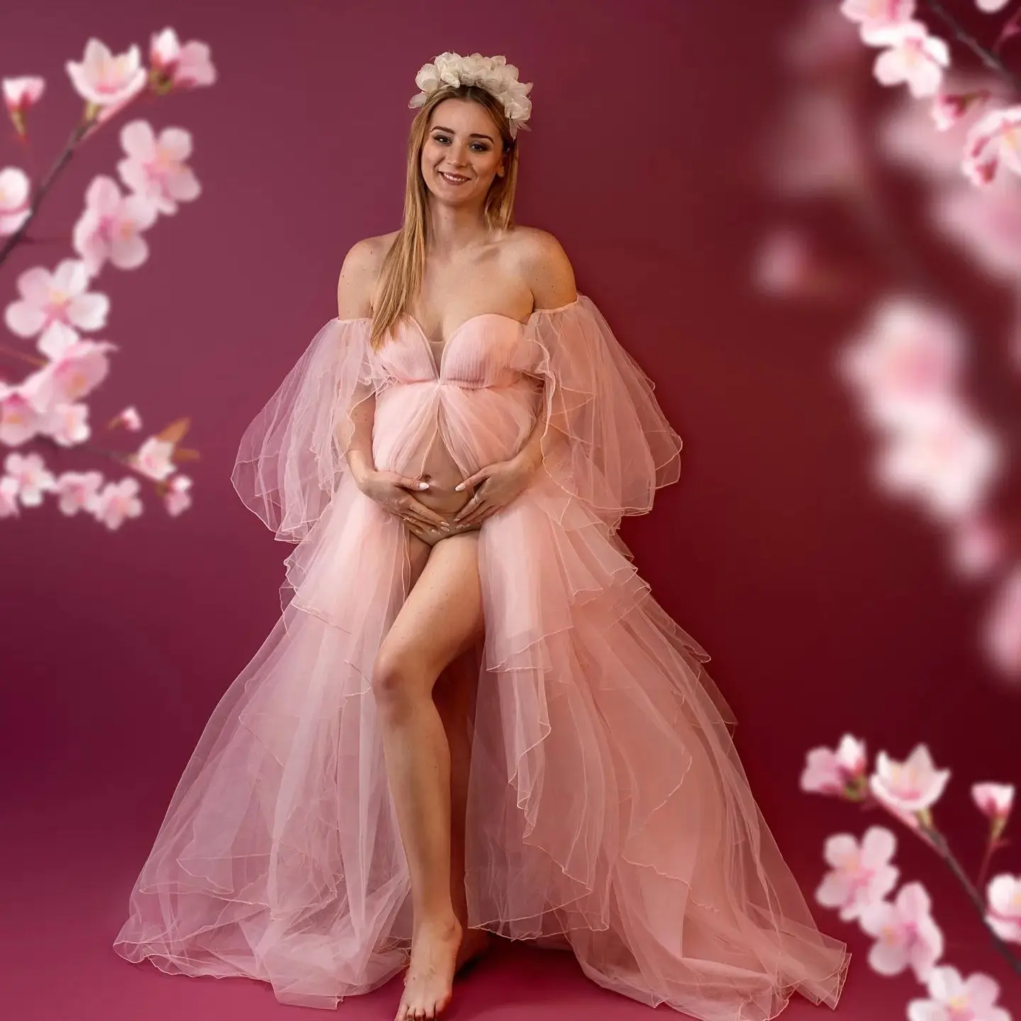 

Simple Pink Maternity Dress for Photo Detachable Sleeves Pregnant Women Vestidos Front Slit Tulle Babyshower Gowns