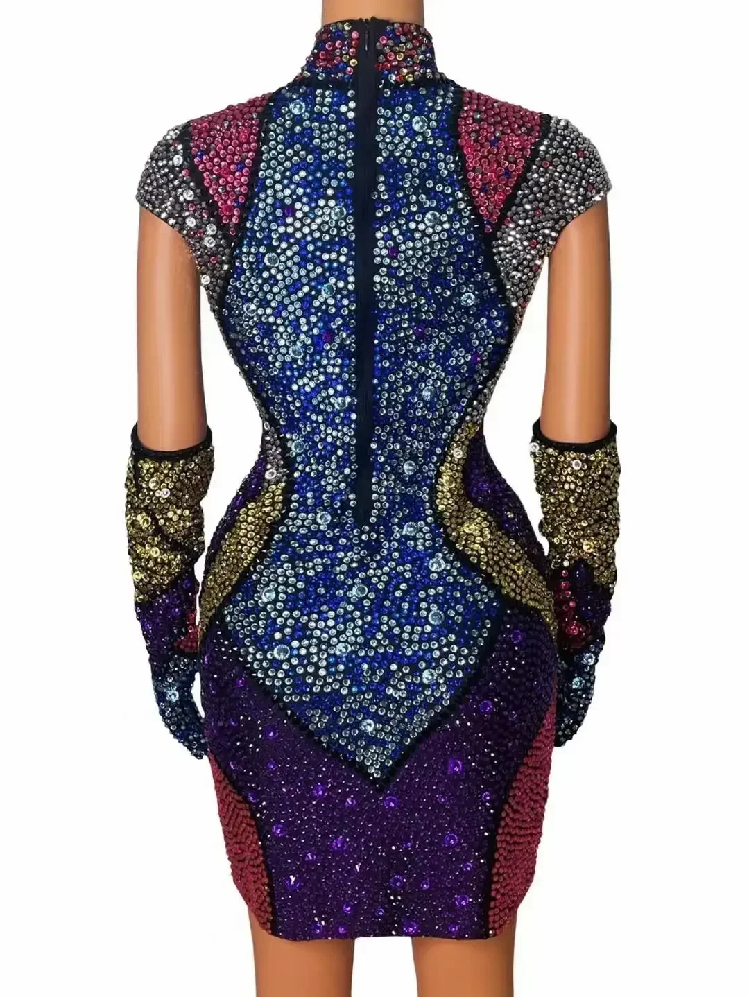 Strassjurk Dames Verjaardagsfeestje Drag Queen Outfit Met Handschoenen Korte Lengte Jurken Hoge Hals Glanzende Stadiumkleding