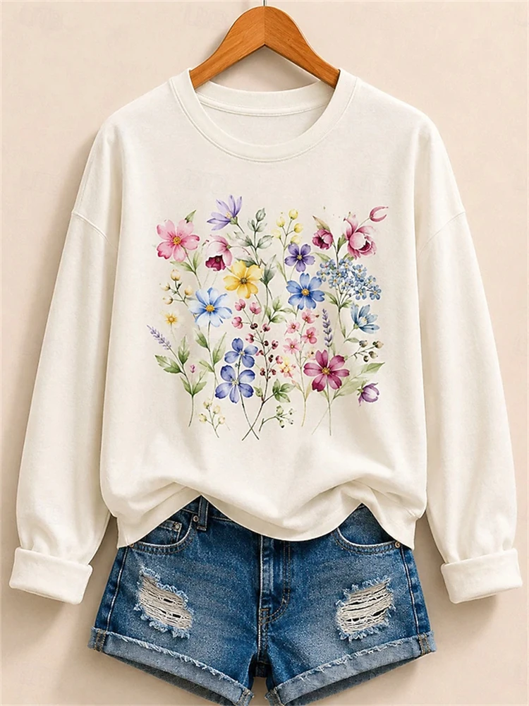 Women's Autumn Long-Sleeve Crew-Neck T-Shirt Vibrant Floral Print Simple Comfortable and Elegant Perfect for Work or Casual Wear