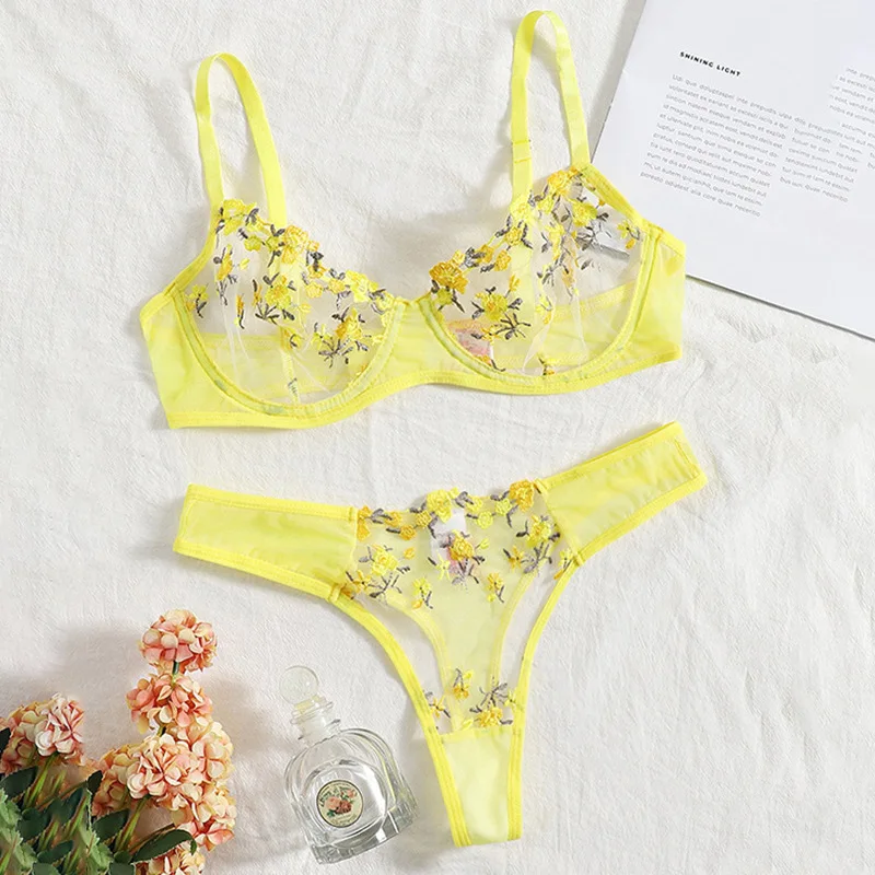 2024 Sexy Lingerie Woman Lace Transparent Underwear Fairy Embroidery Brief Sets Delicate Bra Kit Push Up Breves Sets Mesh Bra