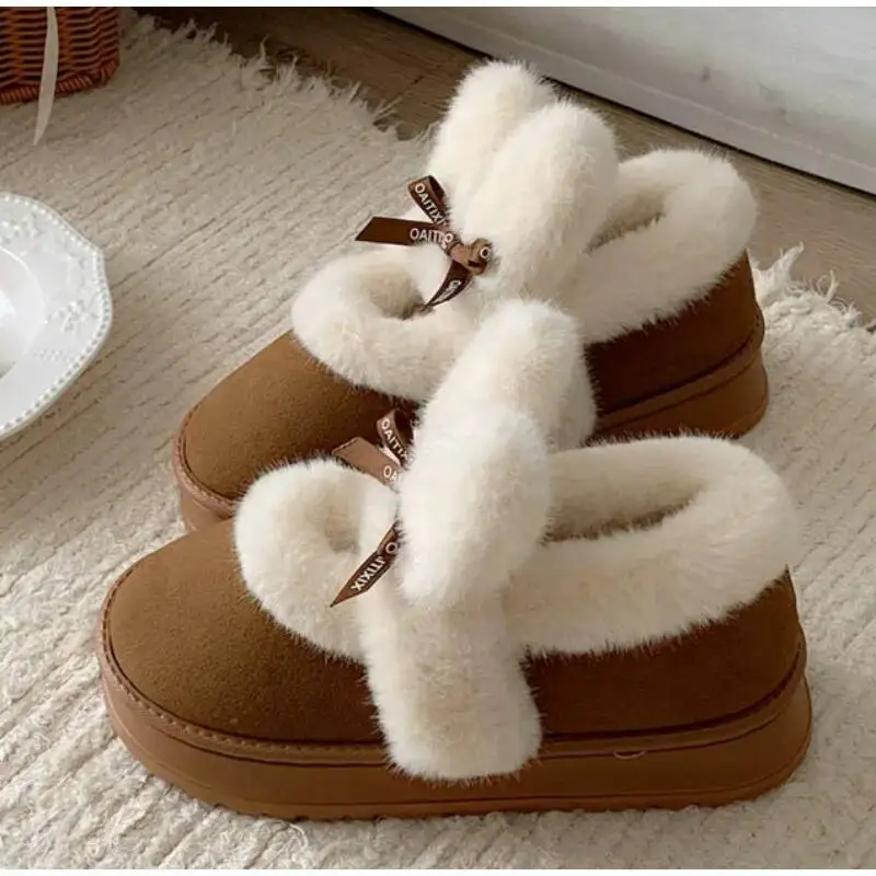 

Women's Home Slippers Cotton Shoes Winter Cute Plush Rabbit Ear Snow Boots Outer Wear Non Slip Thick Sole Short Cotton Boots