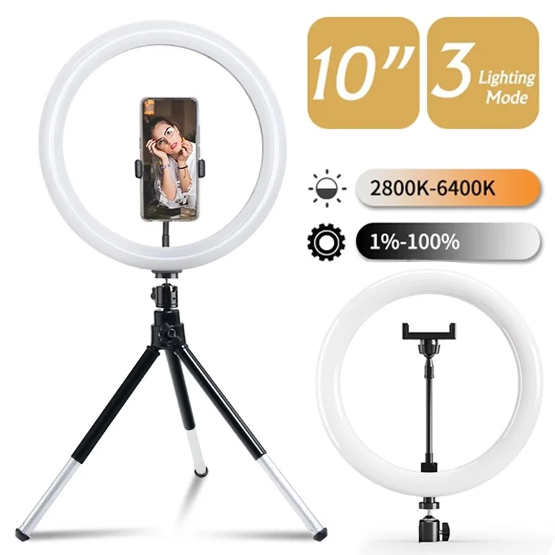 Luz de vídeo para Selfie, anillo de luz LED para Selfie, lámpara de relleno de anillo redondo regulable con trípodes de soporte para iluminación de cámara en vivo de vídeo de teléfono