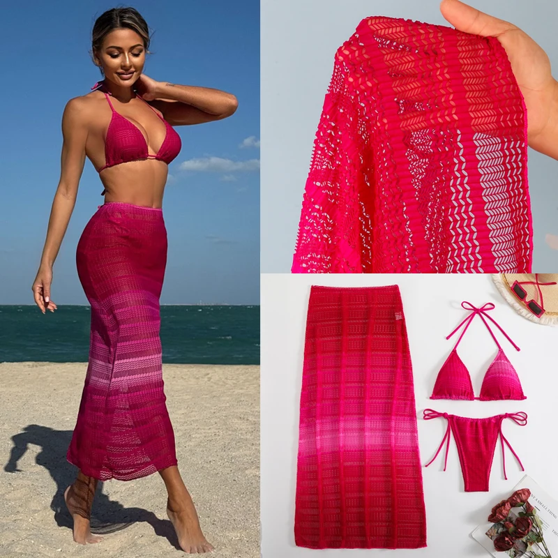 스트라이프 그라데이션 메쉬 3피스 비치 롱 드레스 섹시 비키니 세트 휴가 여성 비치웨어 수영복 끈 비키니 스커트 포함