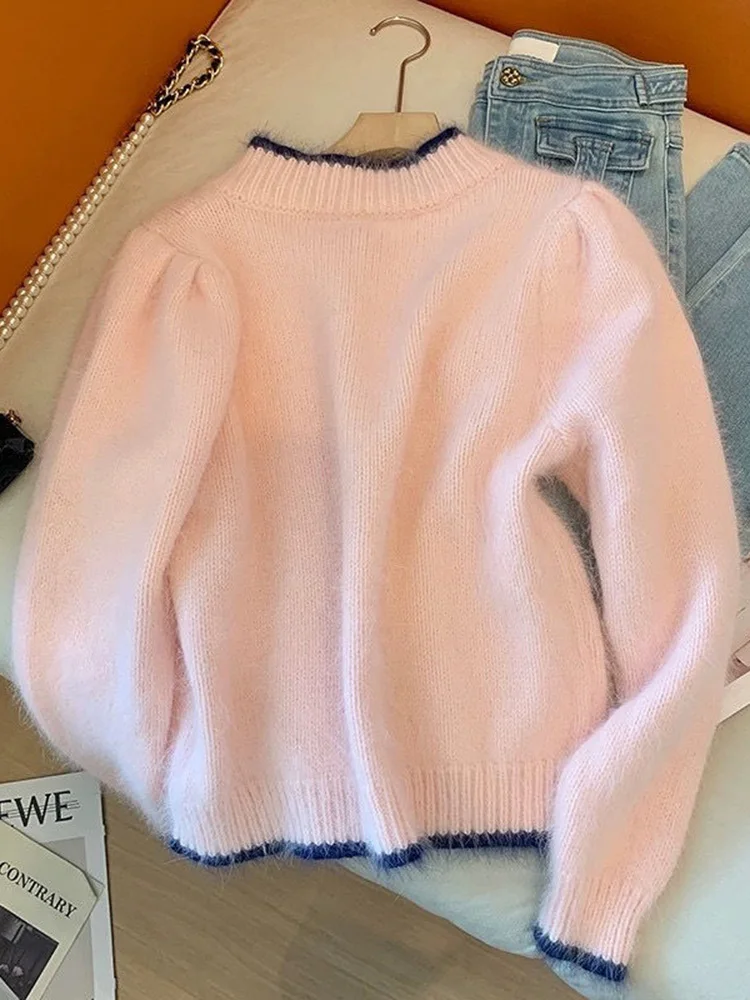 Zoki 3D Cherry Sweet Pink Cardigan Sweaters Japan Casual Long Sleeve Knitted Coat Chic O Neck Preppy Style Elegant Tops Outwear