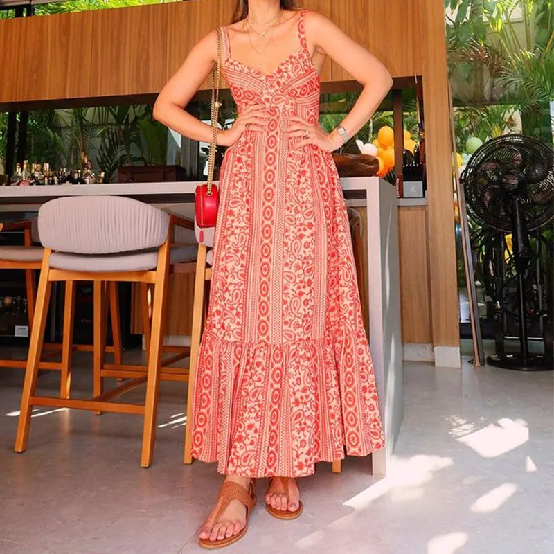 

2024, новое летнее темпераментное повседневное женское платье, модное сексуальное длинное праздничное пляжное платье без рукавов с открытой спиной и принтом