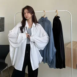 Korean Thin Lantern Sleeve Shirt for Women Casual Mid-Length Sunscreen White Blouse Woman 2024 Spring Ice Silk Loose Black Coats