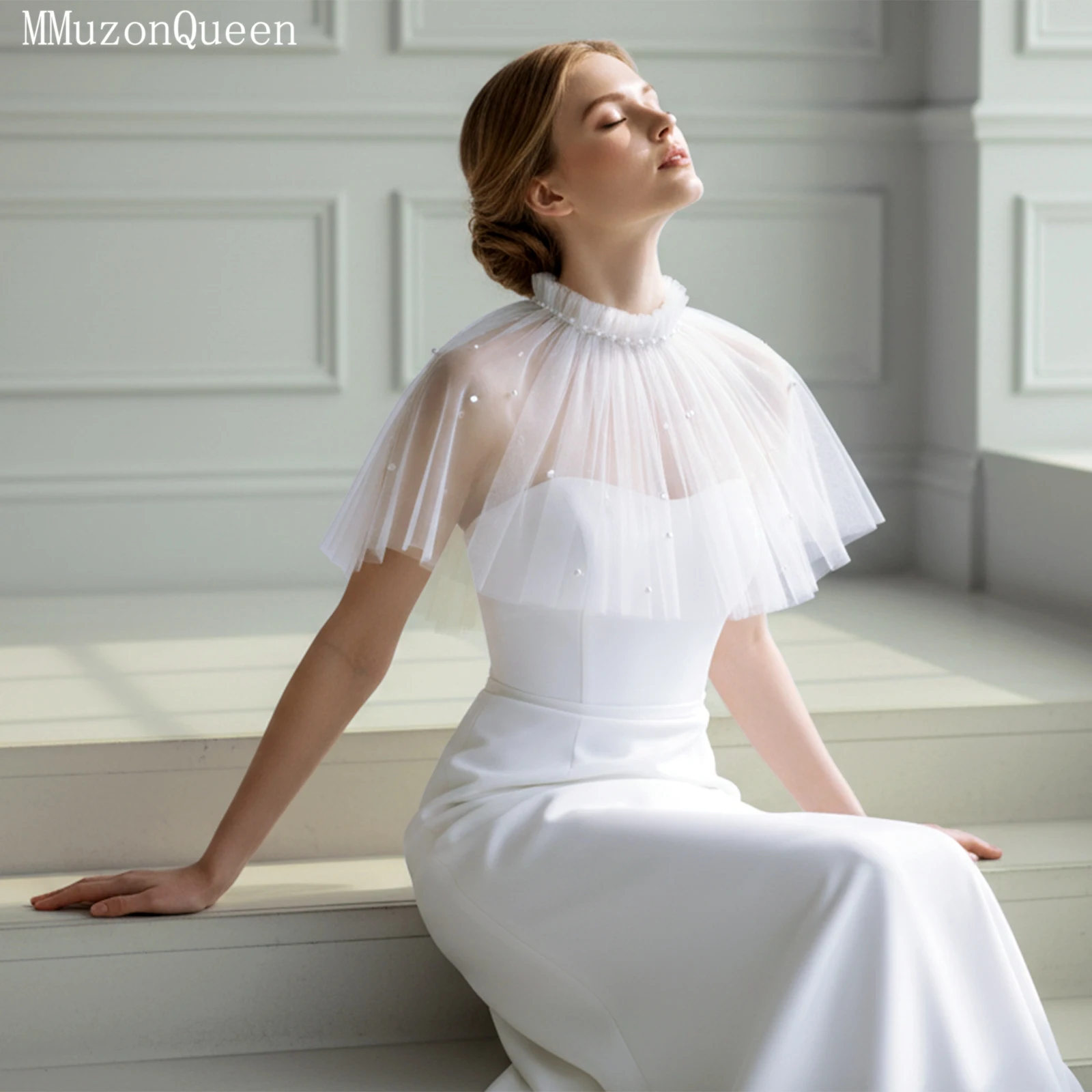 TOPQUEEN Pearl Wedding Shawl Bridal Short Top Mujer Para Vestido Summer Women Bolero Pearl Tulle Cape Customizable Vg112a