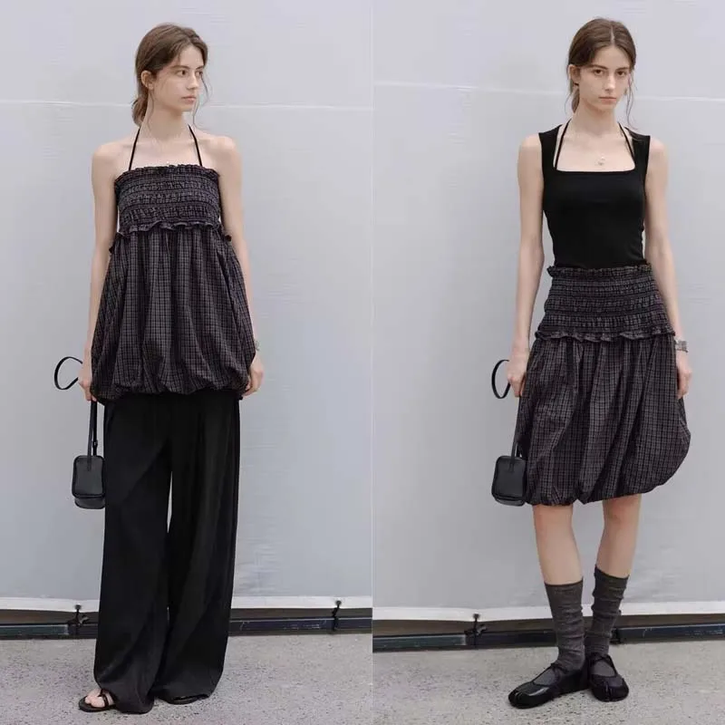 Ruffles Vintage A Line Pleated Summer Skirts Elastic Waist Midi Skirt For Women Bud Skirt Two Way Wearing Streetwear Plaid Skirt