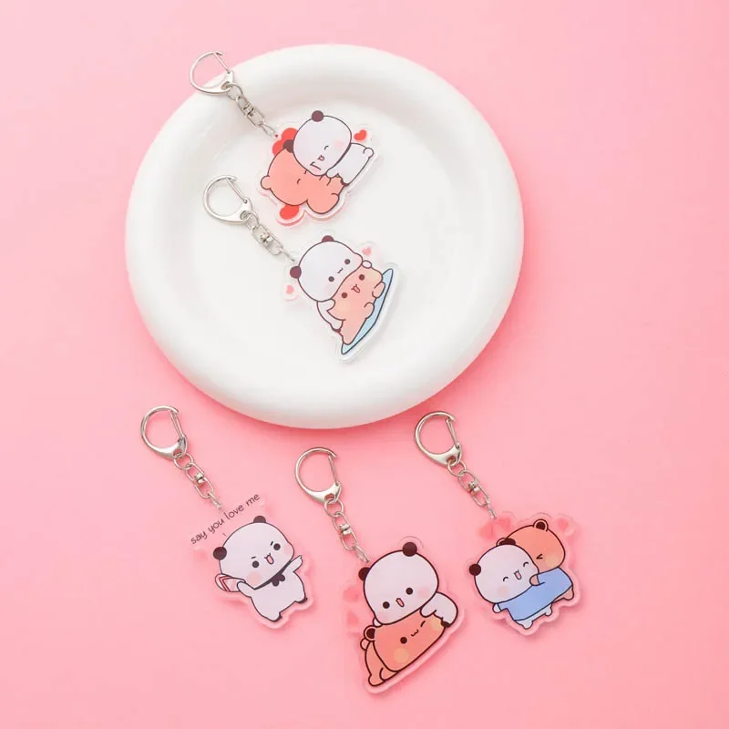 Bubu Dudu Keychains White and Grey Couple Bear Acrylic Keyring for Accessories Bag Pendant Key Chain Jewelry Fans Lovers Gifts