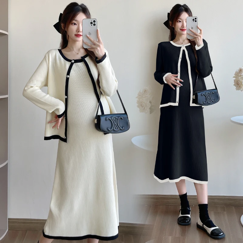 2024 Autumn and Winter Loose Maternity Knitted Dress Suits Long Sleeve Jacket Strap Dress Woman Twinset Office Lady Clothes Set