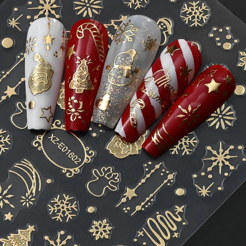 2 stücke Gold 3D Weihnachten Nagel Aufkleber Reflektierende Glitter Weihnachten Baum Schneeflocken Lebkuchen Klebe Aufkleber Winter Maniküre Sliders
