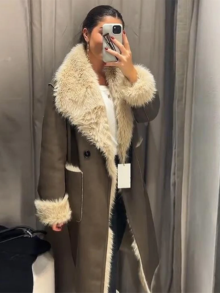 

Outwear Top Double Sided Woolen Long Coat Long Fur Leather Patchwork Warm Thicken Lapel Wear On Both Sides Overcoat Women Fluffy