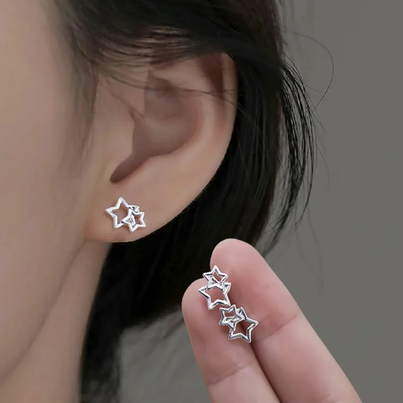 Simple Silver Hollow Five-pointed Star Earrings Women Vintage Trendy Temperament Pentagram Stud Earring Fashion Jewelry Gifts