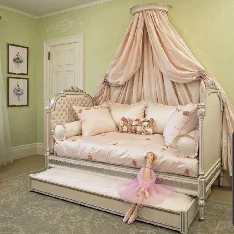 Home Girl bedroom princess bed French solid wood engraved bow children's single bed storage trailer custom double bed