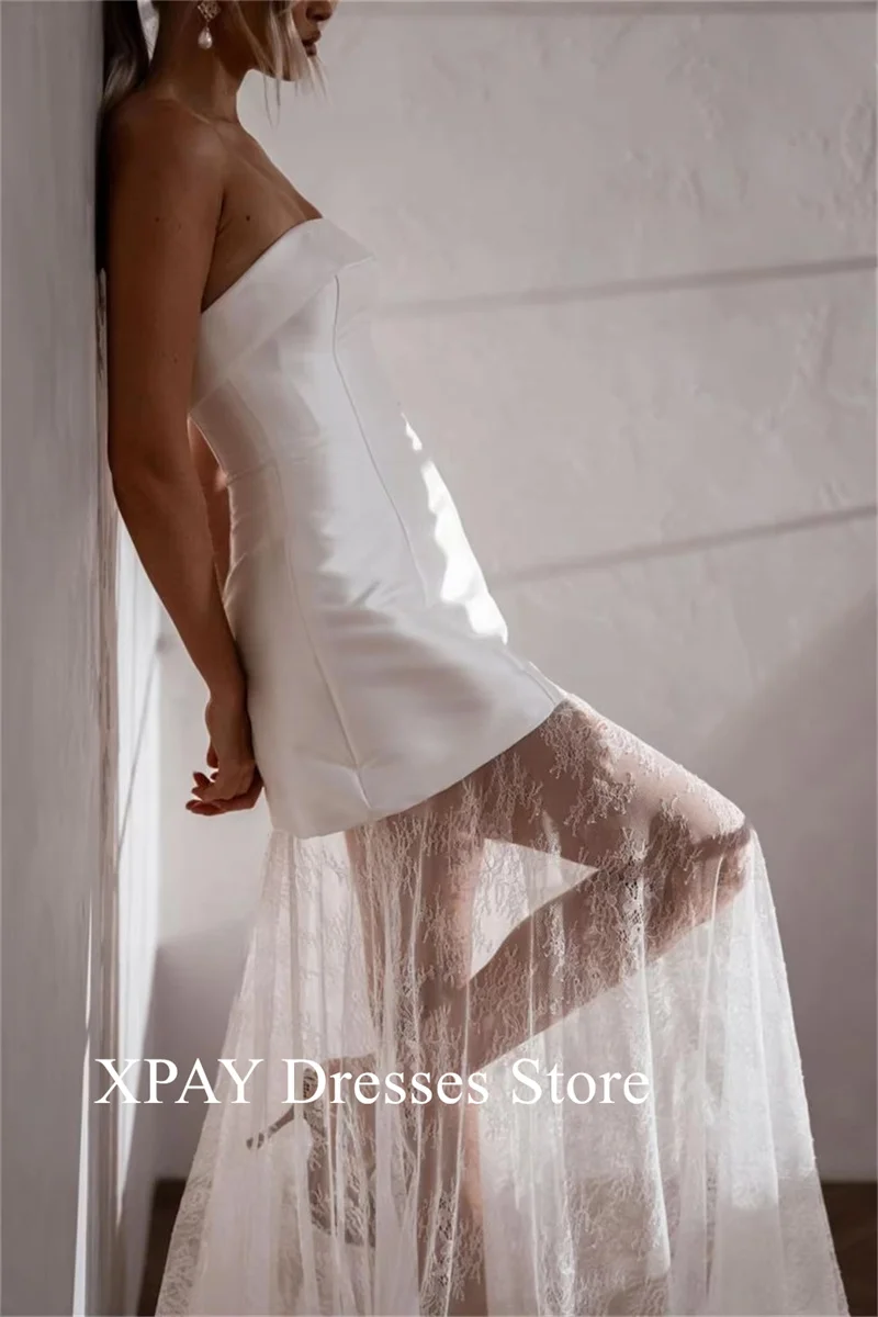 XPAY 2025 Strapless สีขาวซาตินงานแต่งงานชุดลูกไม้ยาวที่ถอดออกได้รถไฟแขน vestidos de novia ซิปด้านหลังอย่างเป็นทางการที่กําหนดเอง