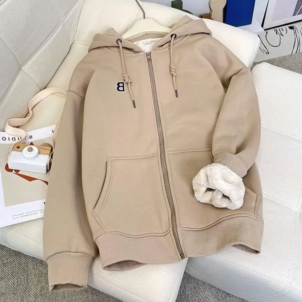 

Loose Hoodie Cozy Unisex Hoodie Coat with Plush Pockets Elastic Cuffs Warm Zipper Closure Fall/winter Jacket for Women Men Thick