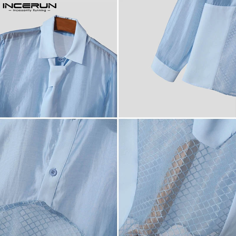 INCERUN Tops 2024 American Style New Mens Mesh Splicing Deconstructive Design Shirts Casual Solid Thin Long Sleeved Blouse S-5XL