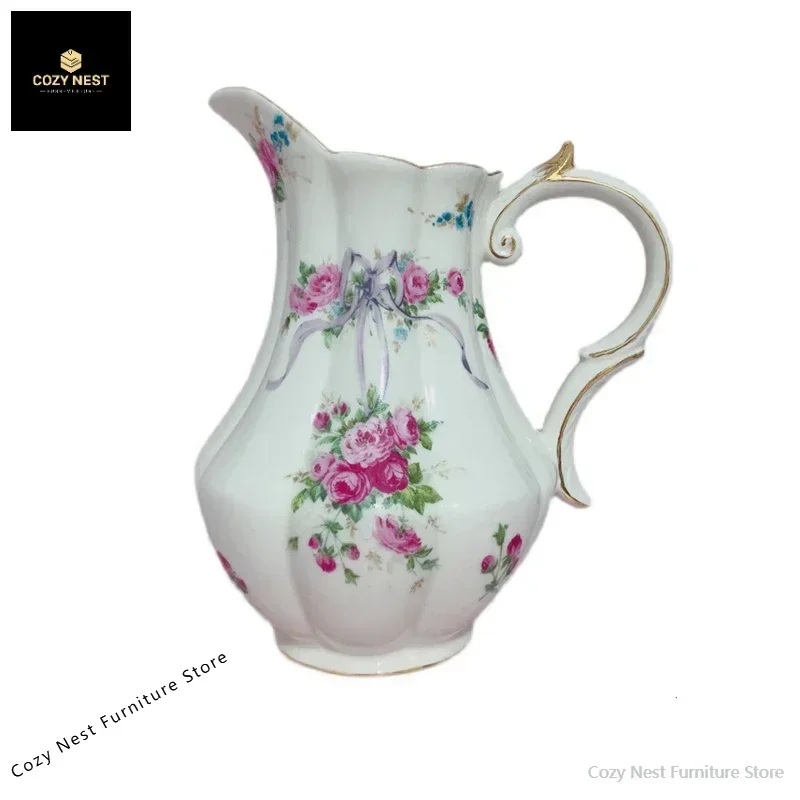 Ceramic Vase Retro Rose Pastoral Bow Pattern Vase Home Decoration Desktop Ornaments French Romantic Flower Container Gift