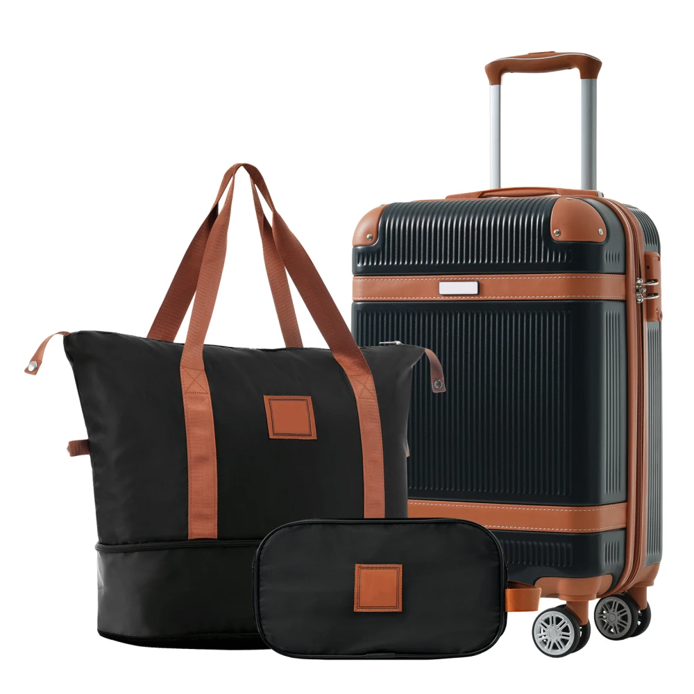 Ensembles de bagages Hardshell pour hommes et femmes, valise à main noire, roues doubles, serrure TSA, 20 po, 3 pièces