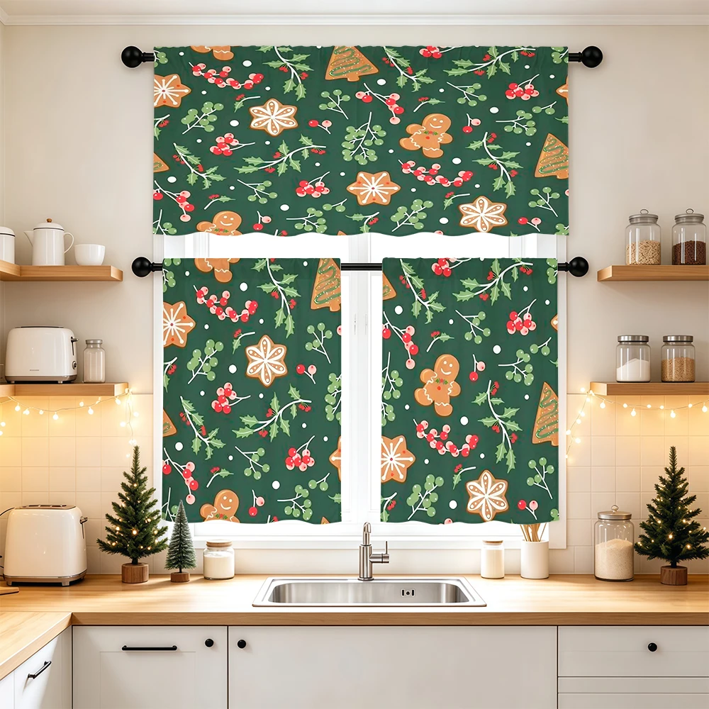 Christmas Kitchen Curtains, Gingerbread Berry Pattern, Digital Print, Kitchen Dining Room, Rod Pocket Polyester, Home Decor