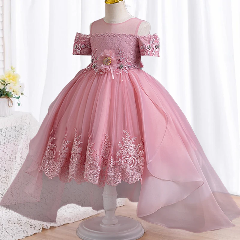 Girl New Princess Dress Embroidery Birthday Lace trailing Elegant Party graduate Ball Gown Summer  Campus Dance Tail Dress 4-12Y