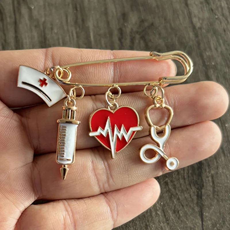 Theme Enamel Lapel Brooches Pin Golden Pin Healthcare Accessory, Featuring Nurse Cap, Syringe, ECG Heart & Stethoscope Charms