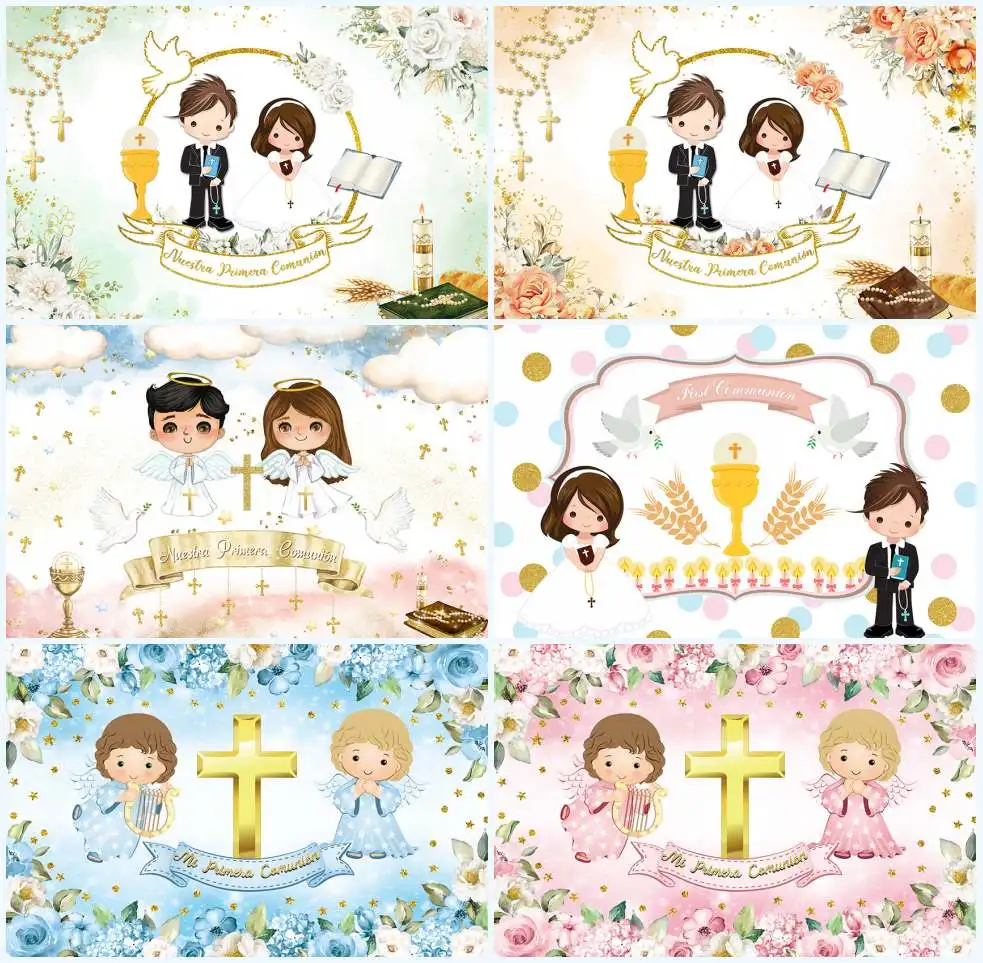 

Mehofond First Holy Communion Backdrop Flowers Angel Cross Bride Groom Wedding Anniversary Birthday Decor Banner Photo Studio