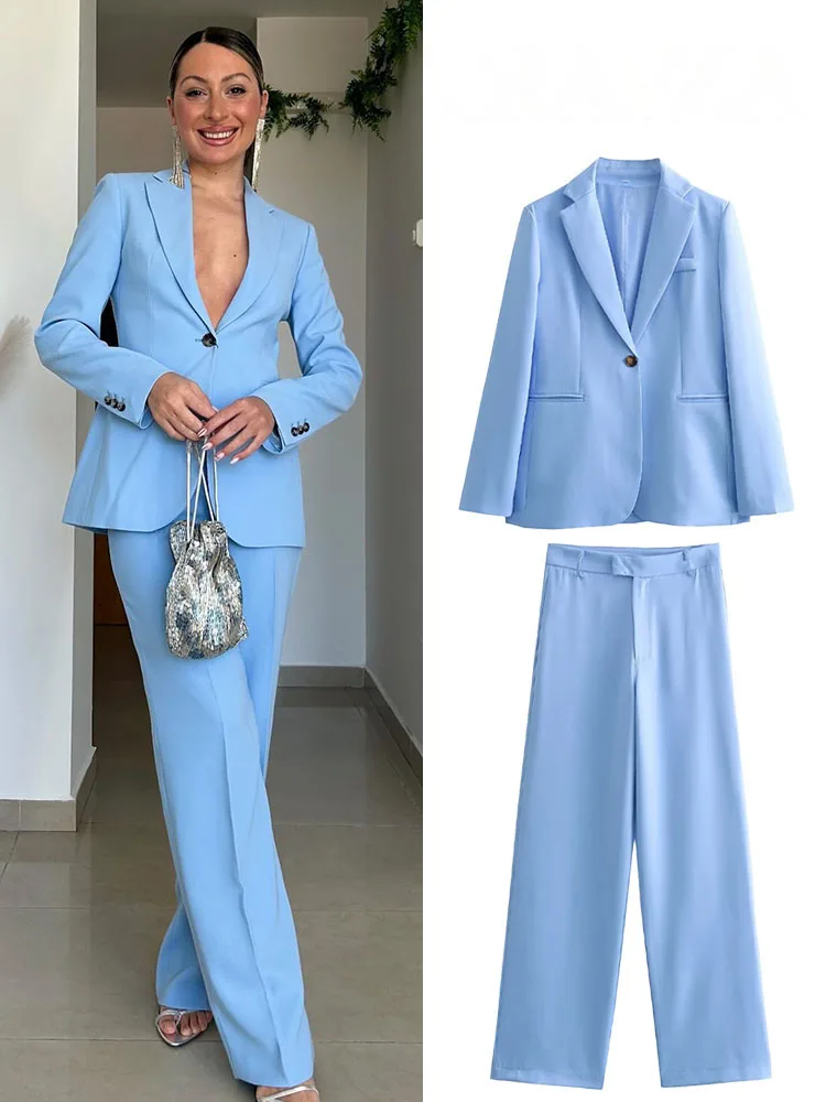 

Женские комплекты HH, синий отложной воротник, длинные рукава, карманы, одна пуговица + карманы со средней талией, широкие брюки на молнии, женский костюм