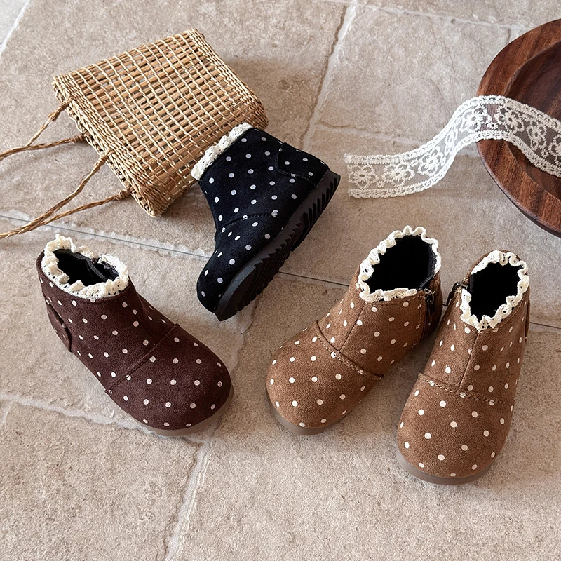 Girls' Toddler Comfortable Flat-bottomed Children's Boots Spring and Autumn Fashion Polka Dot Printing Decorative Short Boots