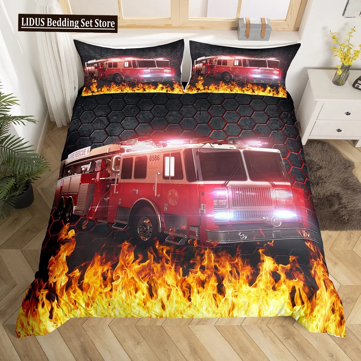 Firefighter Car Duvet Cover Set,Fire Truck Bedding Set King, Honeycomb And Fire Comforter Cover Fire Engine Vehicle Quilt Cover