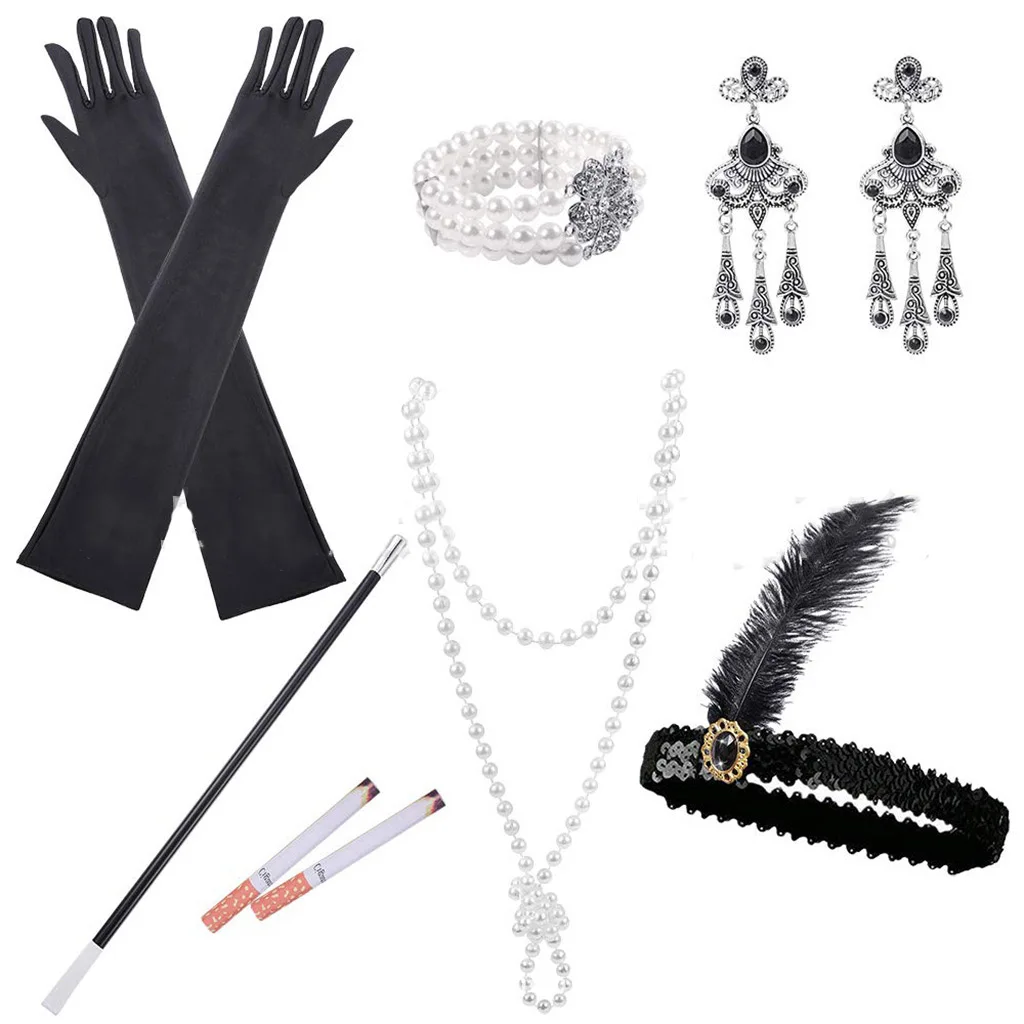 Damen Gatsby Phantasie Kleid Zubehör Flapper 20ER Charleston Mädchen Kostüm Set foa halskette stirnband handschuhe zigarette halter