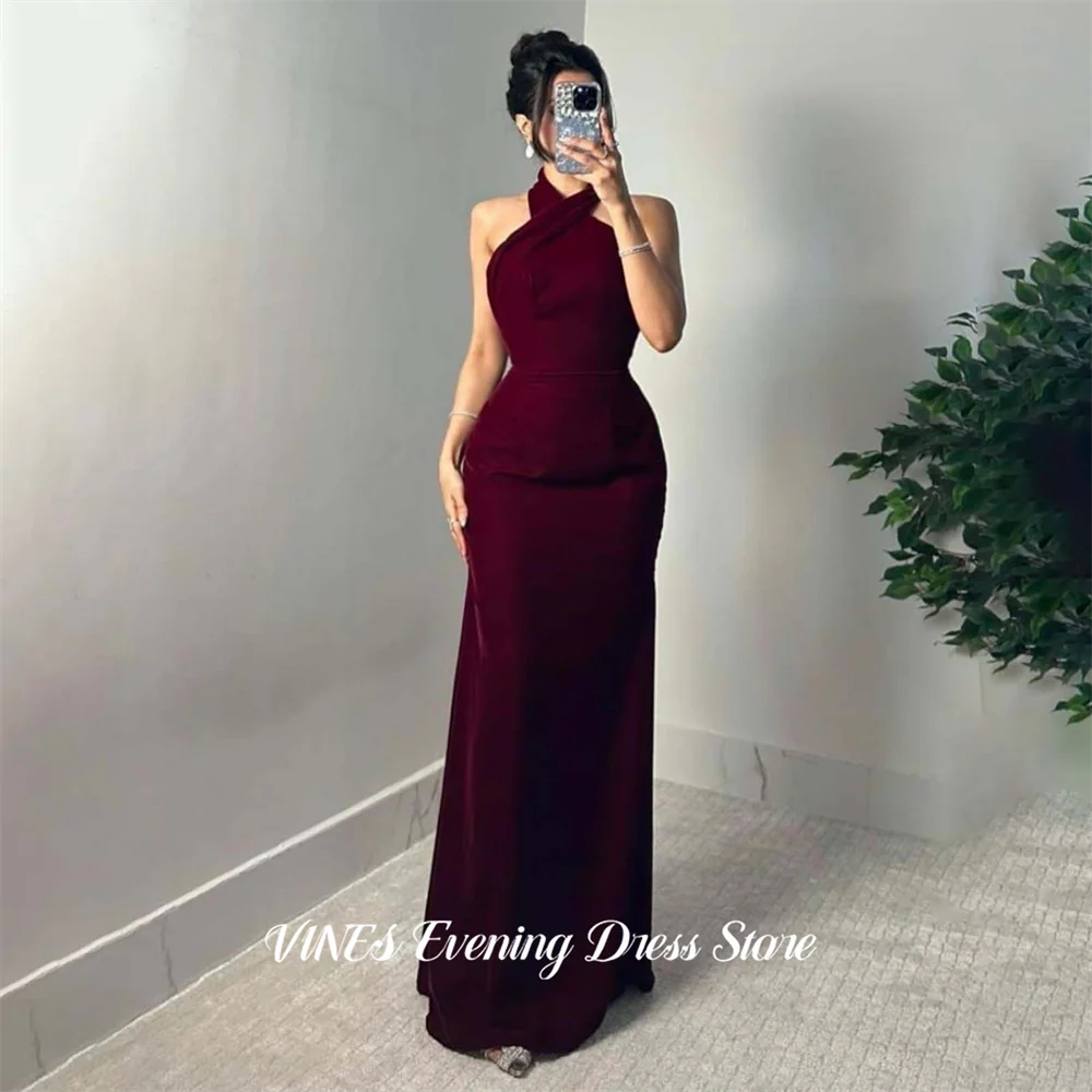 

VINES Burgundy Evening Dress Halter Neck Party Dress Sexy Open Back vestidos de fiesta Wrap Hips Prom Gowns Simple Customized