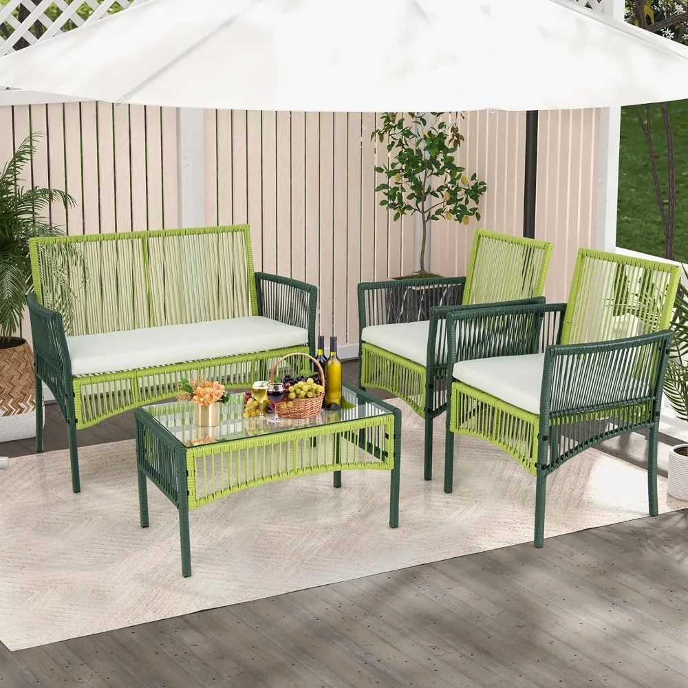 4 Piece Outdoor Wicker Chair Set, Patio Wicker Conversation Set with Upholstery, Tempered Glass Top, Solid Metal Frame