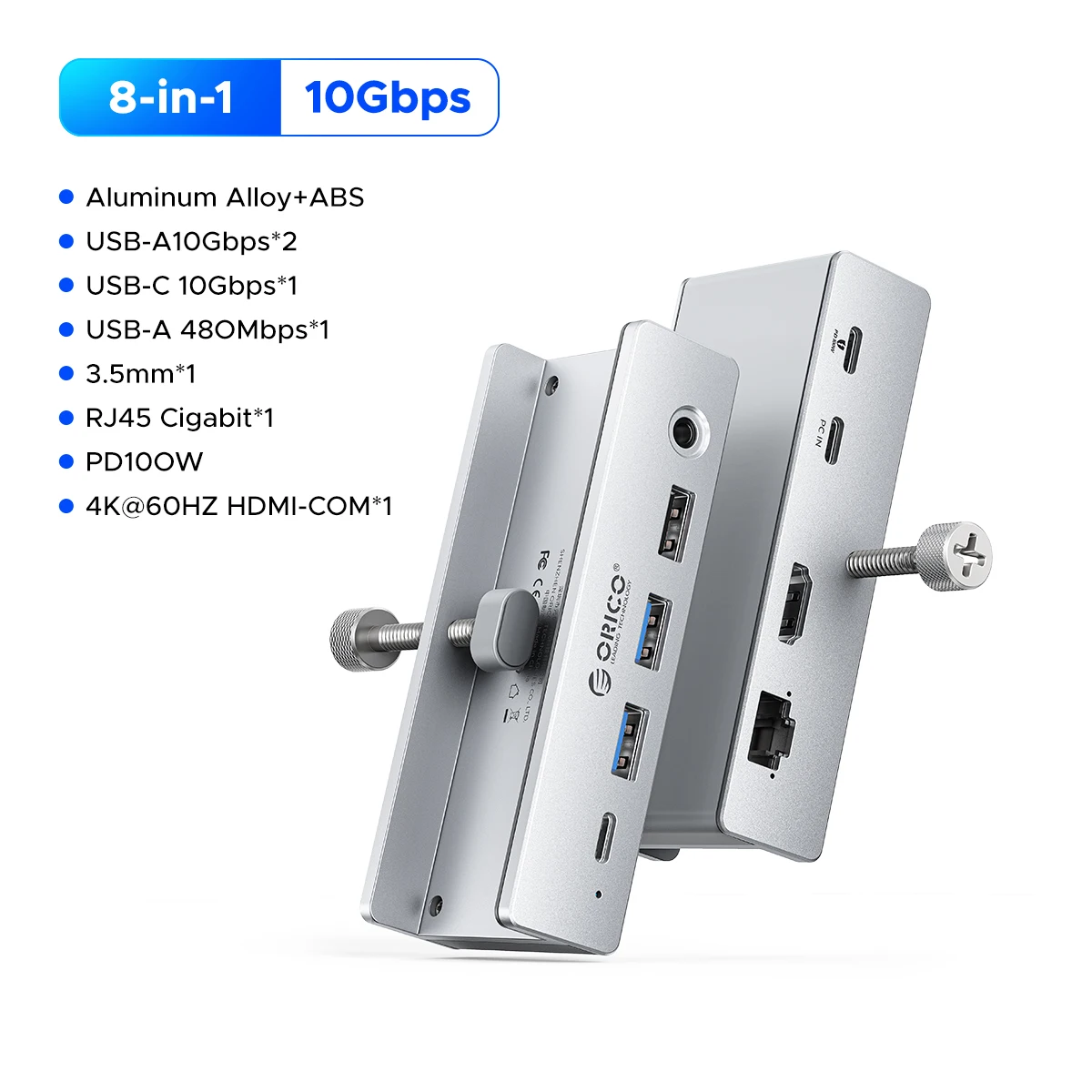 ORICO Aluminum 8 in 1 USB Clip Hub Support External Power Supply for High Speed 10GBPS Data Transmission on MAC OS PC image 3