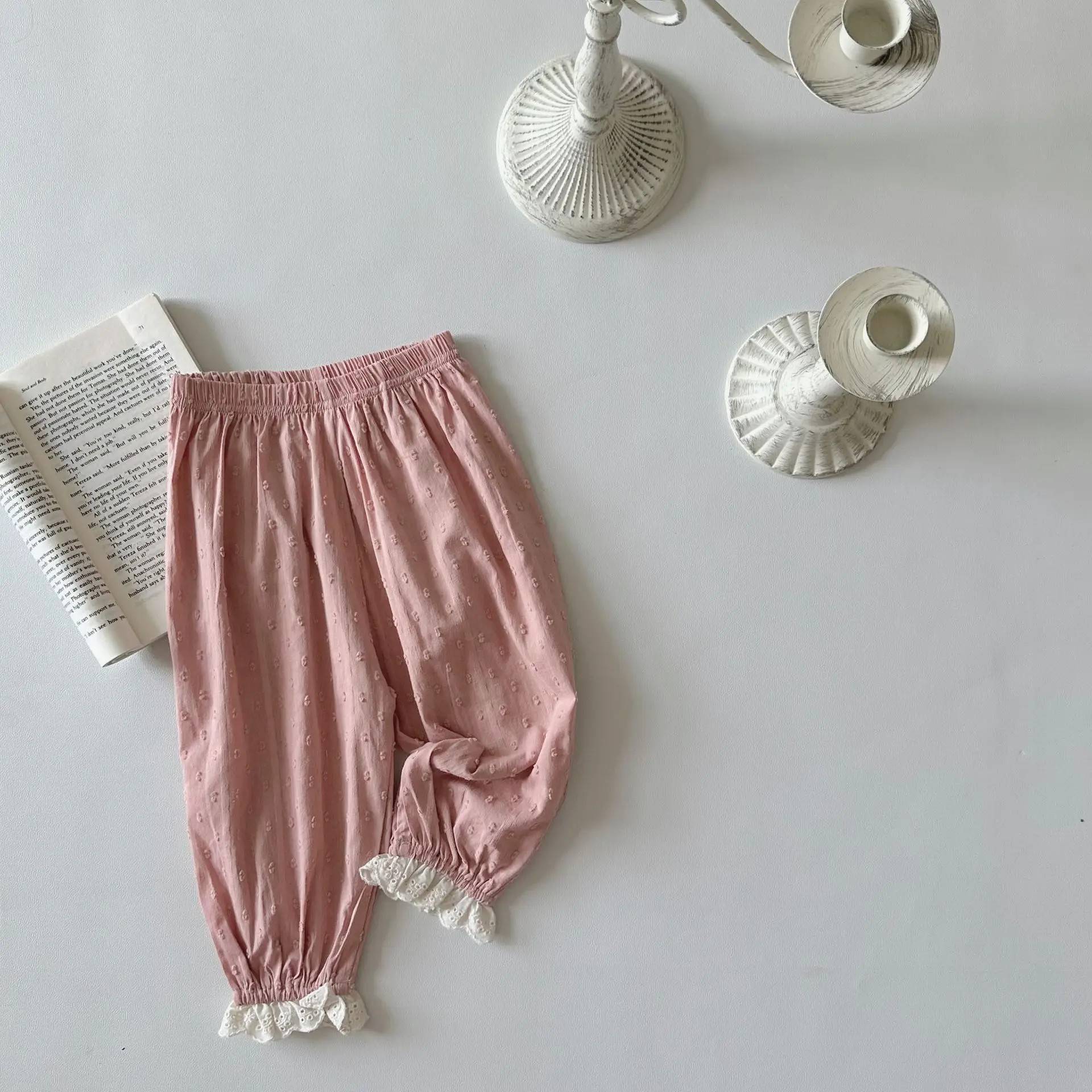 Calça de renda de seda respirável infantil, Calça de bebê princesa, Cintura elástica, Sólido, Doce, Moda simples, Lindo, Verão, 2024