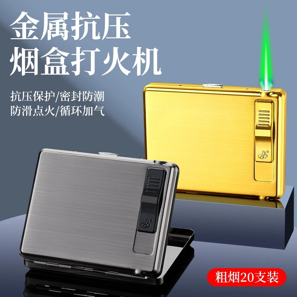 Cigarette Box Metal Flip Cover Cigarettes Butane Windproof Filled Gas Lighter and Creative Cigarette Box Smoking Accessories