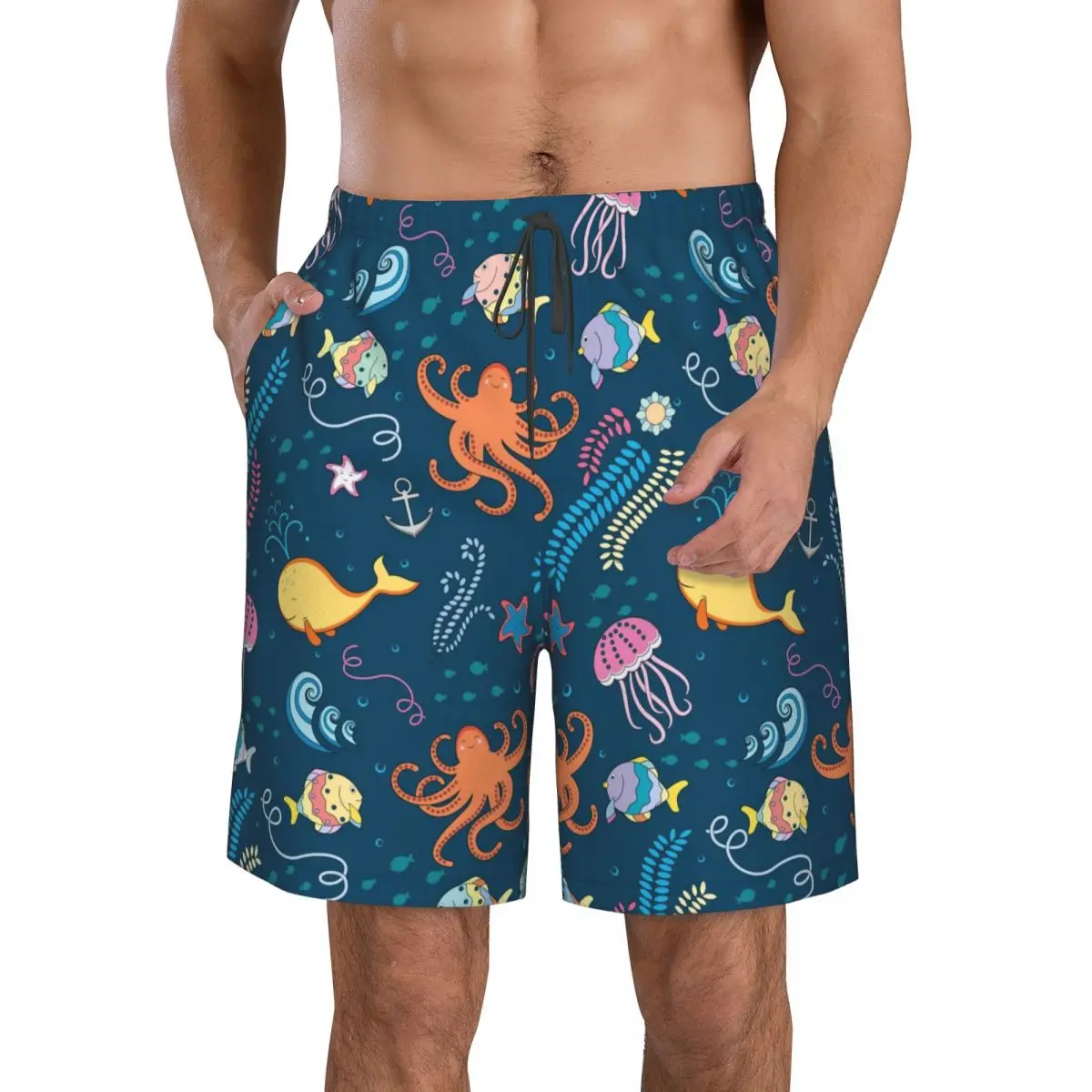 Men's Beach Short Swim Shorts Marine World Fish Octopus Jellyfish Starfish Anchor Seaweed Surfing Sport Board Shorts Swimwear