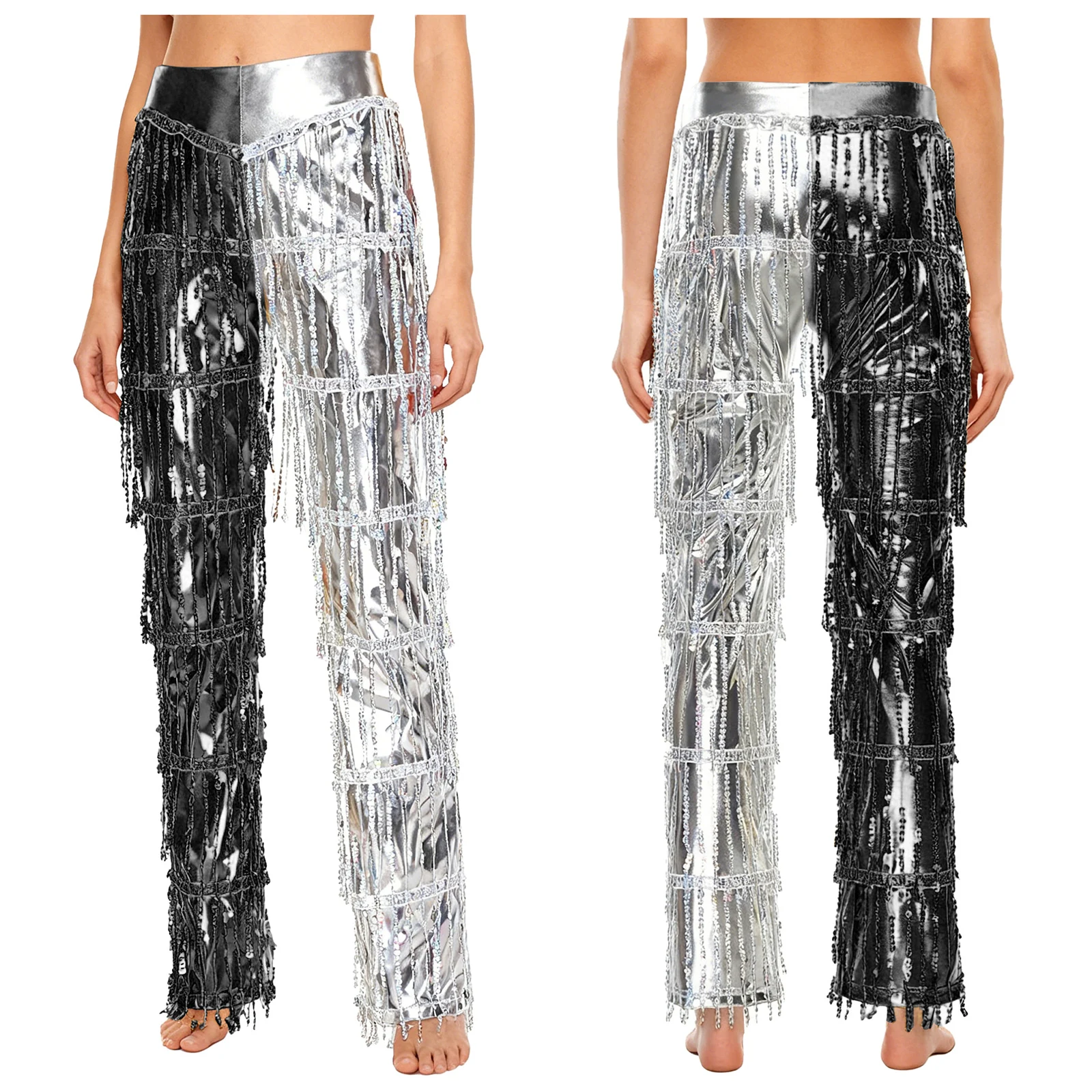 エレガントな女性タンゴサルサ 70 年代ディスコダンスパンツティアードスパンコールタッセルカラーブロッキングメタリックロングパンツズボンラテンダンスウェア